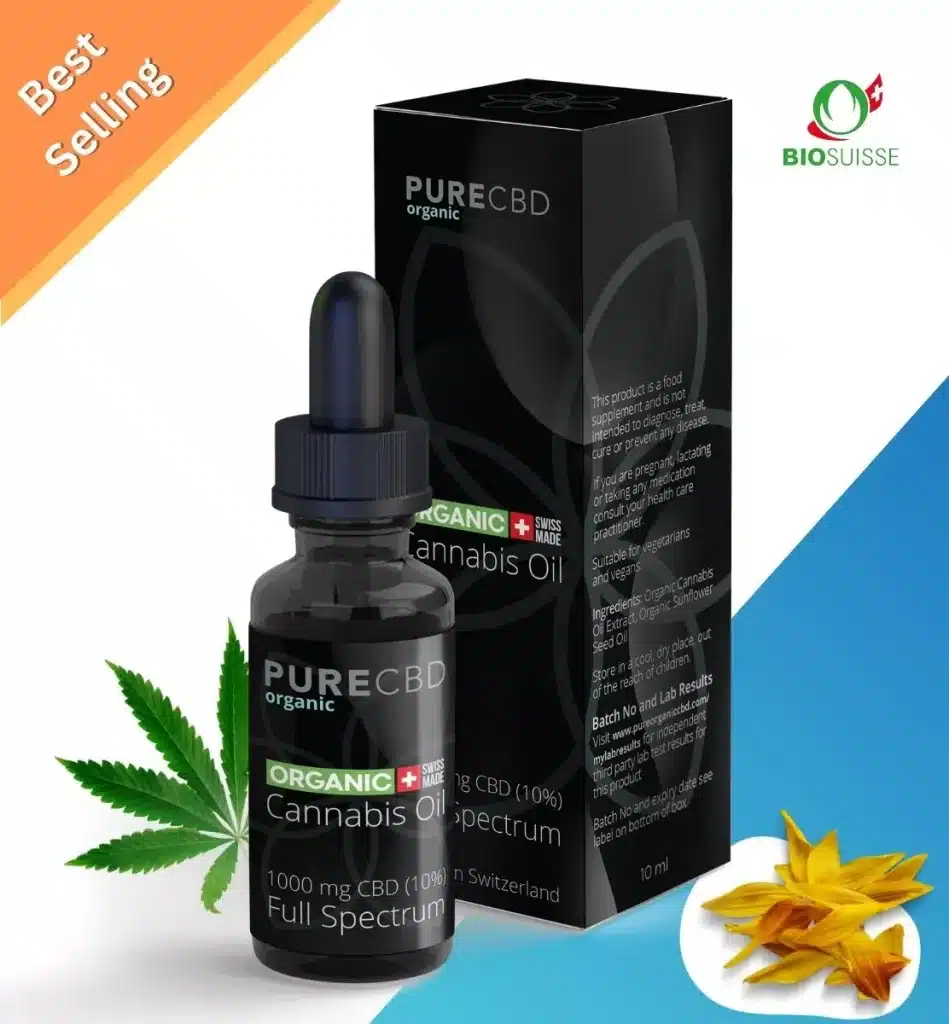 Bestselling 1000mg full spectrum cbd oil box and bottle. There are images of a hemp leaf and sunflower petals to show the 2 ingredients this product is made from.