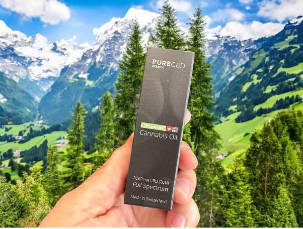 A image of our 2000mg CBD oil set against a background of Switzerland.