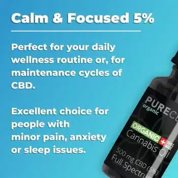 Pure Organic CBD, highlighting their Calm & Focused 5% CBD oil. It states 'Perfect for your daily wellness routine or, for maintenance cycles of CBD' and 'Excellent choice for people with minor pain, anxiety or sleep issues.' The image features a blue background with a bottle of Pure Organic CBD oil, labeled as full spectrum, organic, with 500 mg CBD (5%).