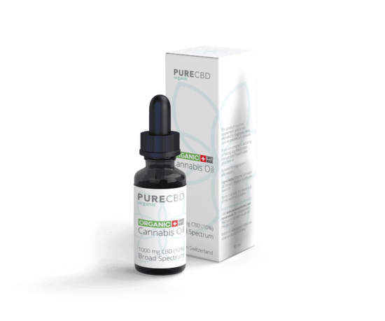 Una imagen del producto de Pure Organic CBD Amplio Espectro 10%. La caja y la etiqueta son de color blanco de amplio espectro.