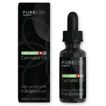 An image showing the packaging for 20% Full Spectrum CBD huile par Pure Organic CBD. Ce produit est entièrement biologique et testé en laboratoire pour sa pureté.