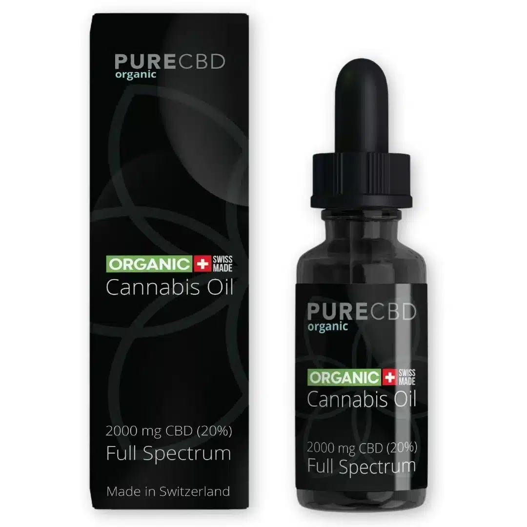 An image showing the packaging for 20% Full Spectrum CBD olja av Pure Organic CBD. Denna produkt är helt ekologisk och labbtestad för renhet.
