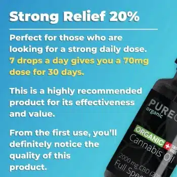 Advertisement for Pure Organic CBD's Strong Relief 20% oil, highlighting it as ideal for a potent daily dosage with 7 drops providing a 70mg dose over 30 days. It emphasizes the product's effectiveness and value, assuring noticeable quality from the first use. The image shows a dropper bottle labeled '2000 mg CBD (20%) Full Spectrum' against a blue background.