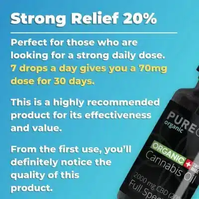 Anúncio para Pure Organic CBD's Strong Relief 20% oil, highlighting it as ideal for a potent daily dosage with 7 drops providing a 70mg dose over 30 days. It emphasizes the product's effectiveness and value, assuring noticeable quality from the first use. The image shows a dropper bottle labeled '2000 mg CBD (20%) Full Spectrum' against a blue background.