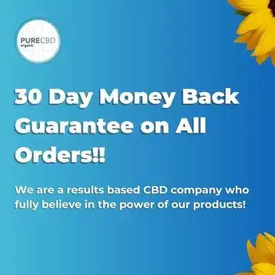 Όλα CBD orders backed up with a 30 day money back guarantee. There is text which reads: "We are a results based CBD company who fully believe in the power of our products."