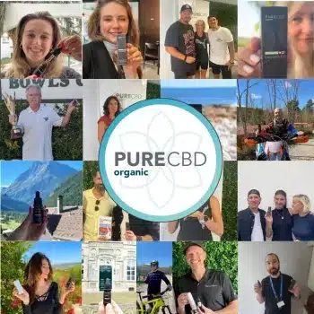 A collage of diverse people proudly displaying products from Pure Organic CBD. Individuals are shown in various settings, from outdoors with mountain backdrops to indoor environments, each holding CBD oil bottles. Central to the collage is the Pure Organic CBD logo, emphasizing the brand's community presence. The montage suggests customer satisfaction and the wide-ranging appeal of the brand's products.