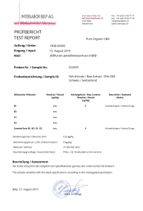 Aflatoxin report for Pure Organic CBD in English and German