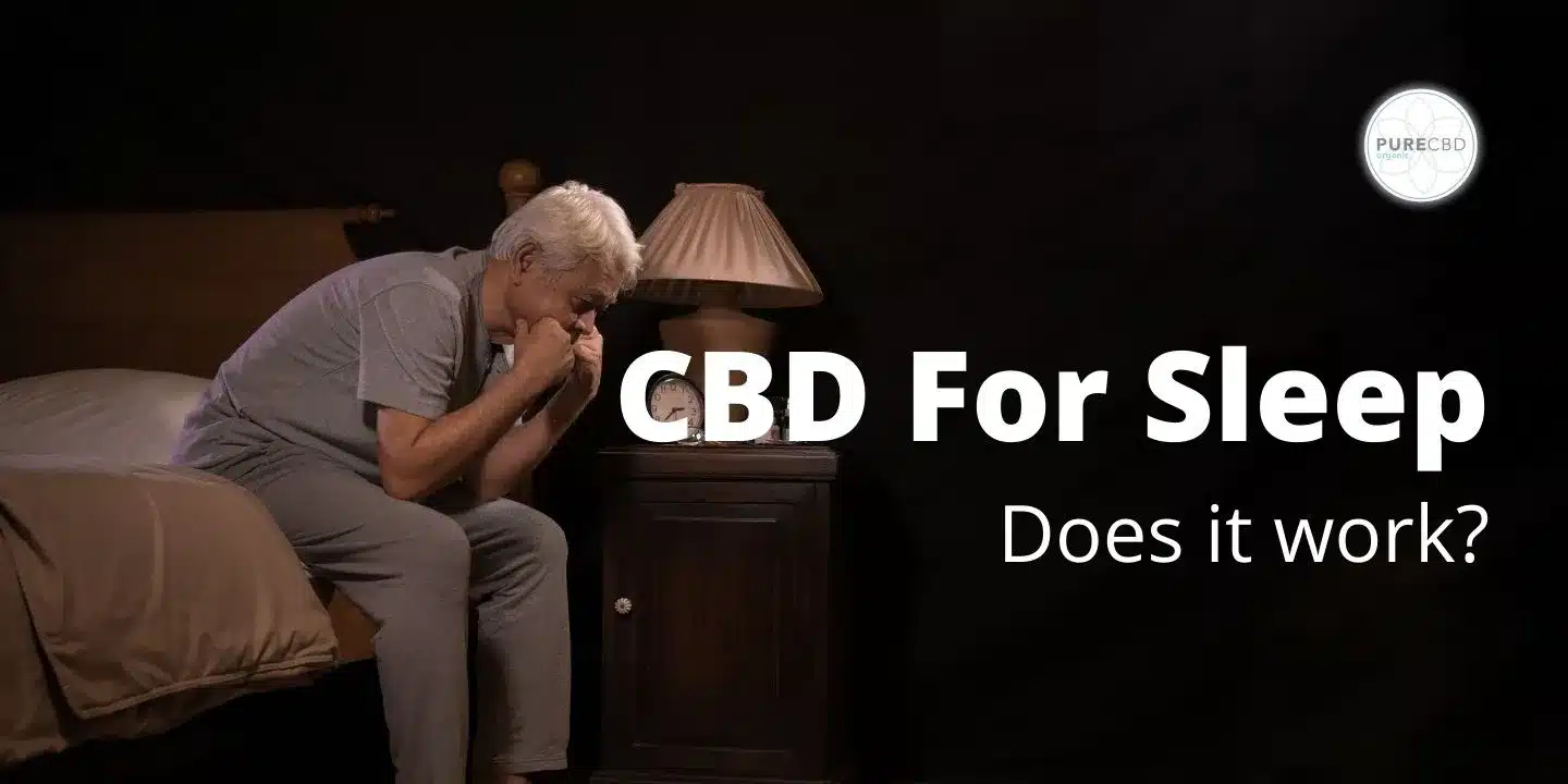 A man sitting on the bed in a dark bedroom. He is unable to sleep. The text reads: 'CBD for sleep. Does it work?'