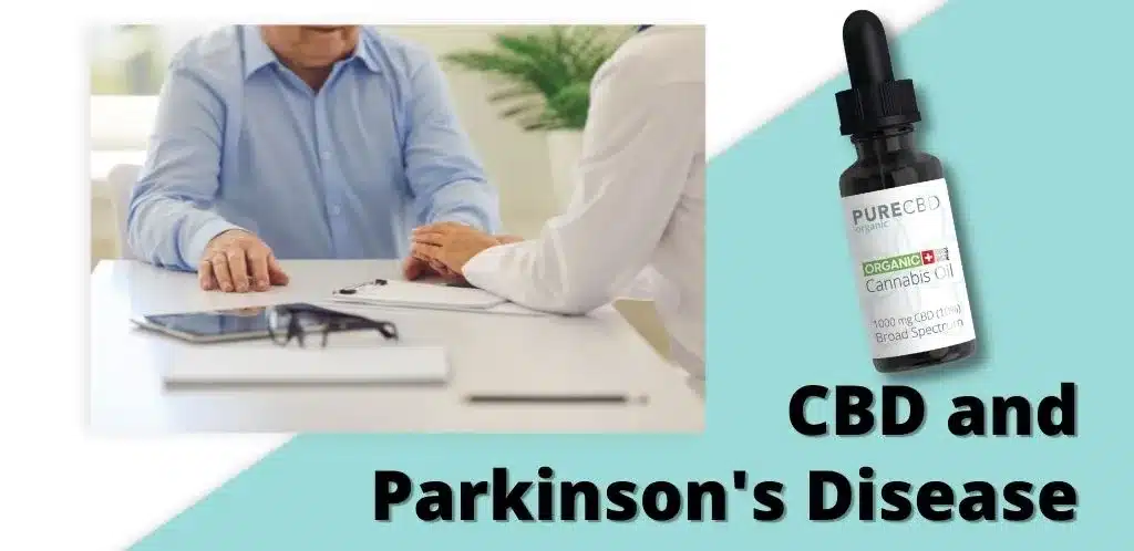 Hauptvorlage für den Artikel über CBD und Parkinson-Krankheit. Da ist ein Mann mit einem Arzt, der einige Papiere durchsieht. Es gibt eine Flasche CBD auf der rechten Seite.