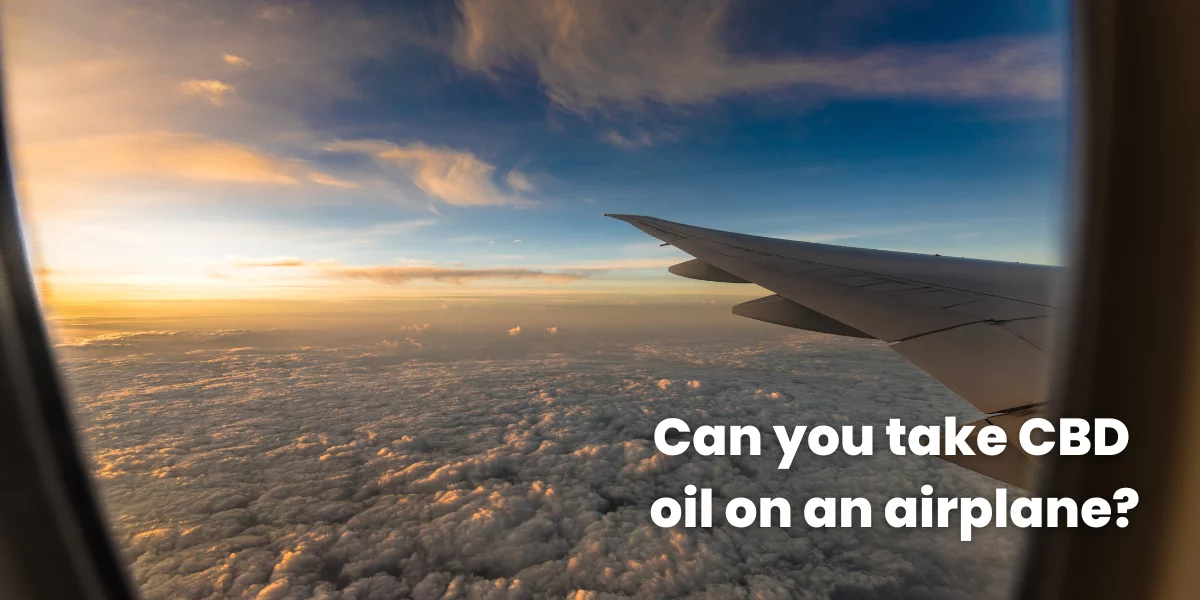 An image from the inside of a plane while flying. The text reads: Can you take CBD oil on an Airplane.