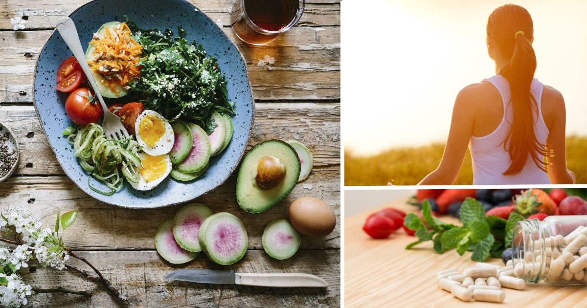 3 imágenes para representar diferentes hábitos que mejoran la salud capilar de una persona. Dieta saludable, bajo estrés y vitaminas.