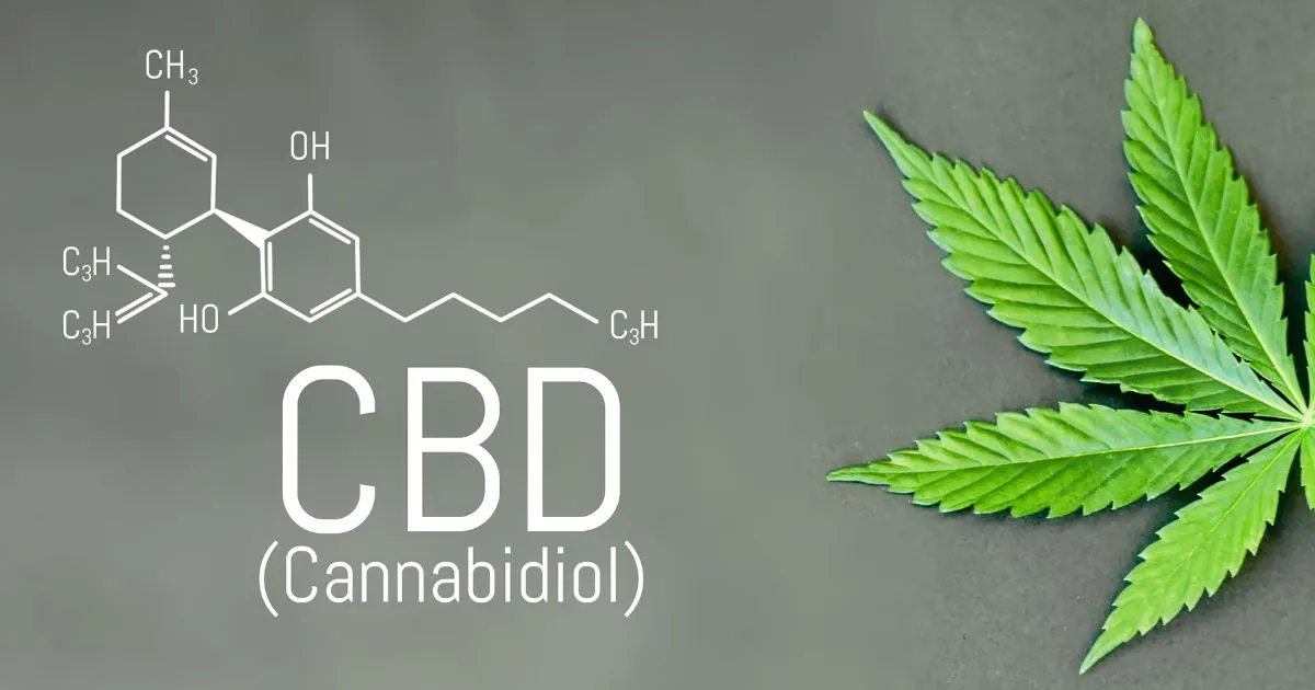 una imagen de una hoja de cannabis con una estructura química del compuesto de cannabidiol al lado.