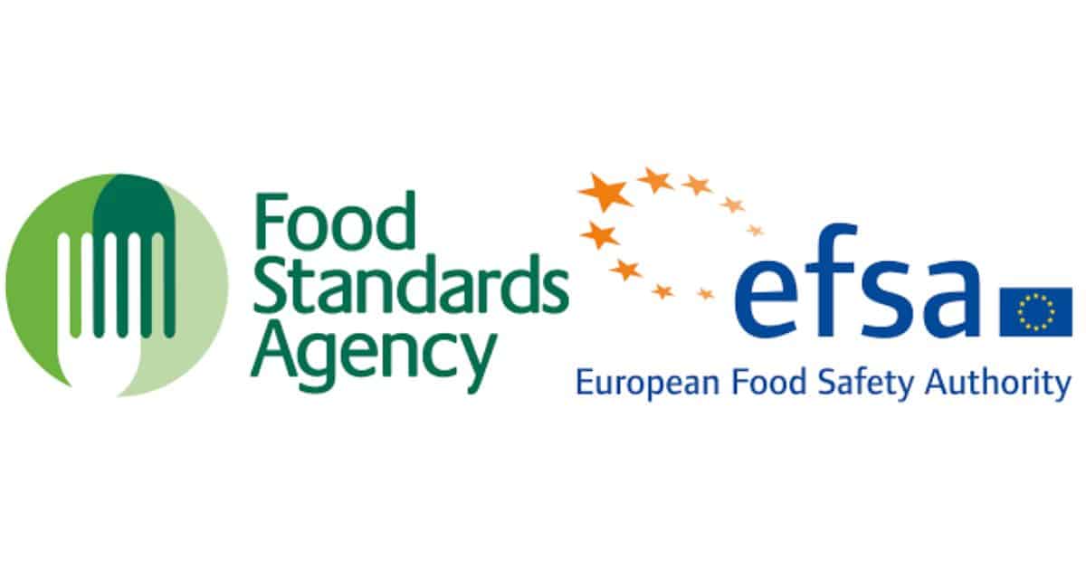 Die Logos der Food Standards Agency im Vereinigten Königreich und das EFSA-Logo für die EU. Das repräsentieren sie CBD Produkte sind reguliert und stellen kein Suchtrisiko für Verbraucher dar.