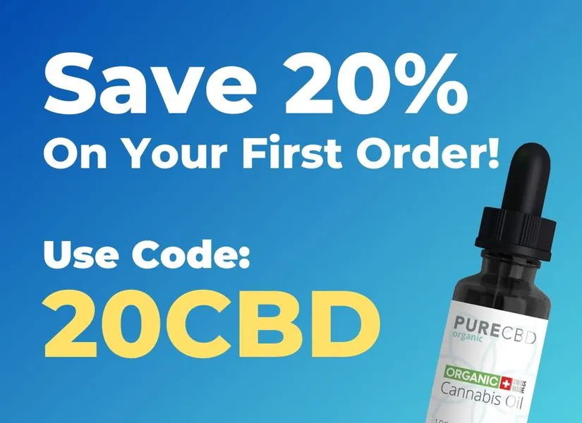 mobile banner advertising a 20% discount on first time orders with Pure Organic CBD. The code is '20CBD' and should be used at the checkout phase of your purchase.