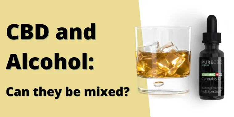 ein glas whisky und eine flasche CBD Öl mit Text, der lautet "CBD und Alkohol: Können sie gemischt werden?"
