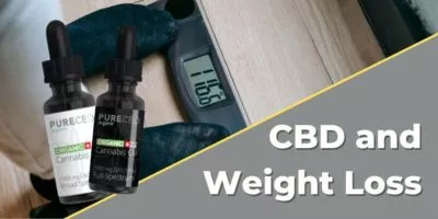 Hoofdartikel artwork voor als CBD kan u helpen gewicht te verliezen. De afbeelding toont een persoon die op een weegschaal staat. Er zijn er 2 cbd flessen op de voorgrond voor context.