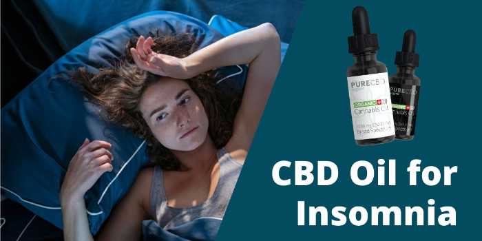 a woman lying awake in bed. She appears sleepless and worried. The text reads CBD oil for insomnia.