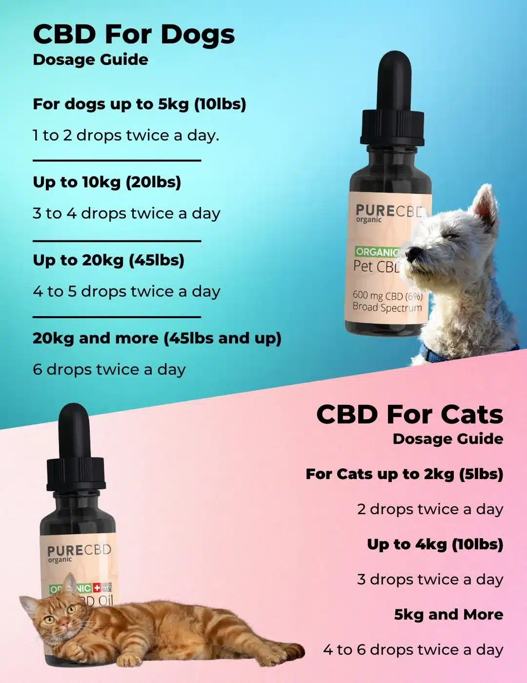 This is a dosing chart for CBD oil for pets based on our experience with hundreds of pet owners who have used our products. The correct dosage for dogs is 1 to 2 drops of CBD for up to 5kg of weight. 3 to 4 drops for up to 10kg. 4 to 5 drops for up to 20kg and 6 drops twice a day for more than 20 kgs. For cats, it is 2 drops a day for up to 2kgs. 3 drops a day for up to 4kgs and 4 to 6 drops a day for cats over 5kg.