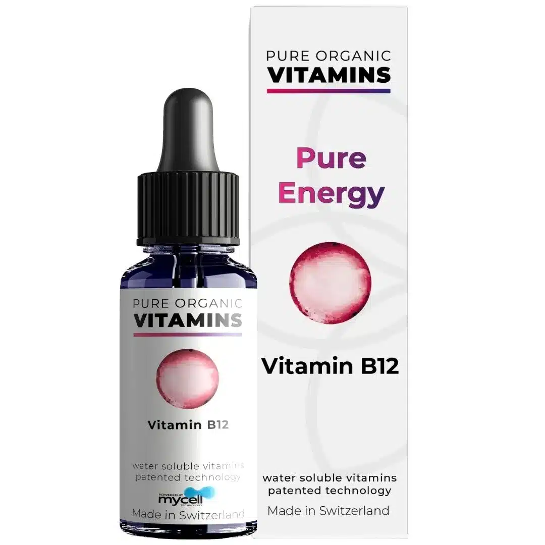 Vitamines hydrosolubles Pure Energy Vitamine B12. Boîte et flacon de supplément de vitamine B12 hautement absorbables.