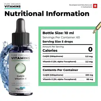 Tabla de información nutricional de CoQ10 con vitamina E que muestra la dosis diaria y el contenido por frasco. La dosis diaria recomendada es de 5 gotas.