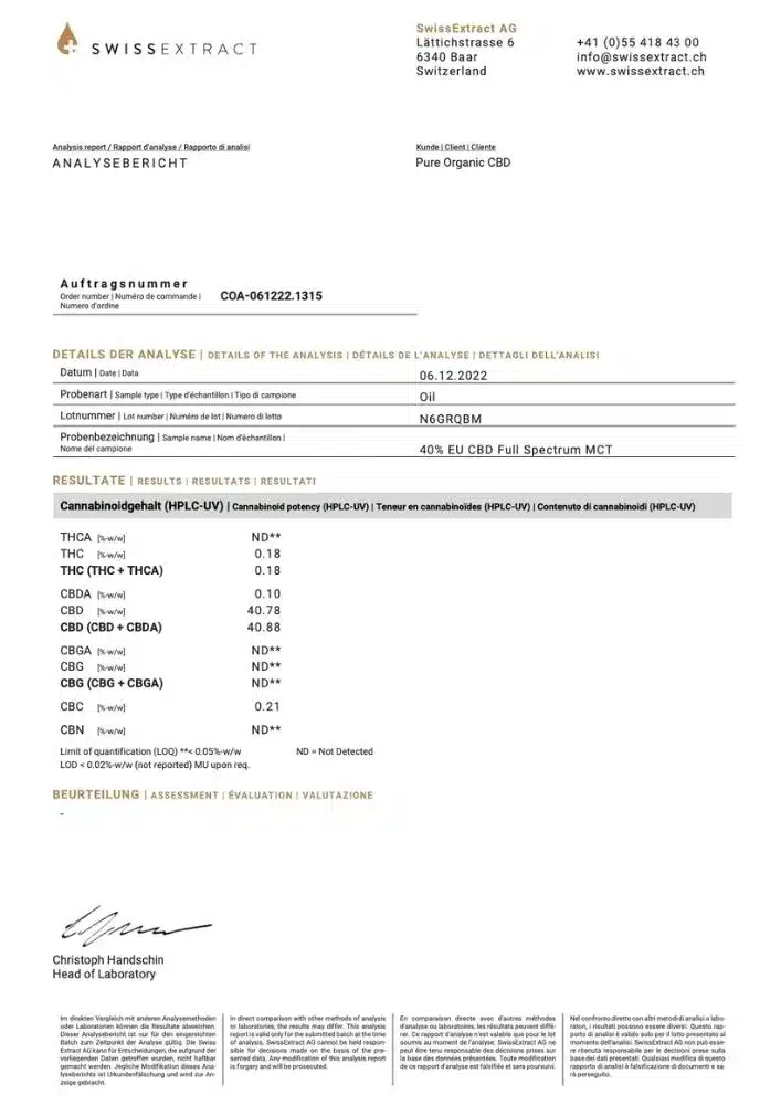 Certificat d'analyse Rapport de laboratoire pour 4000 mg CBD huile. Veuillez cliquer sur le rapport pour voir le document pdf complet.