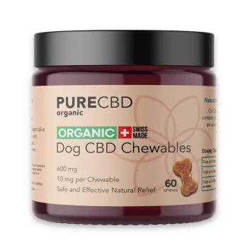 Image showing Organic CBD dog treats by Pure Organic CBD. The treats contain 600mg of CBD and 10mg per treat. Perfect for dogs in pain or with other issues CBD is known to alleviate.