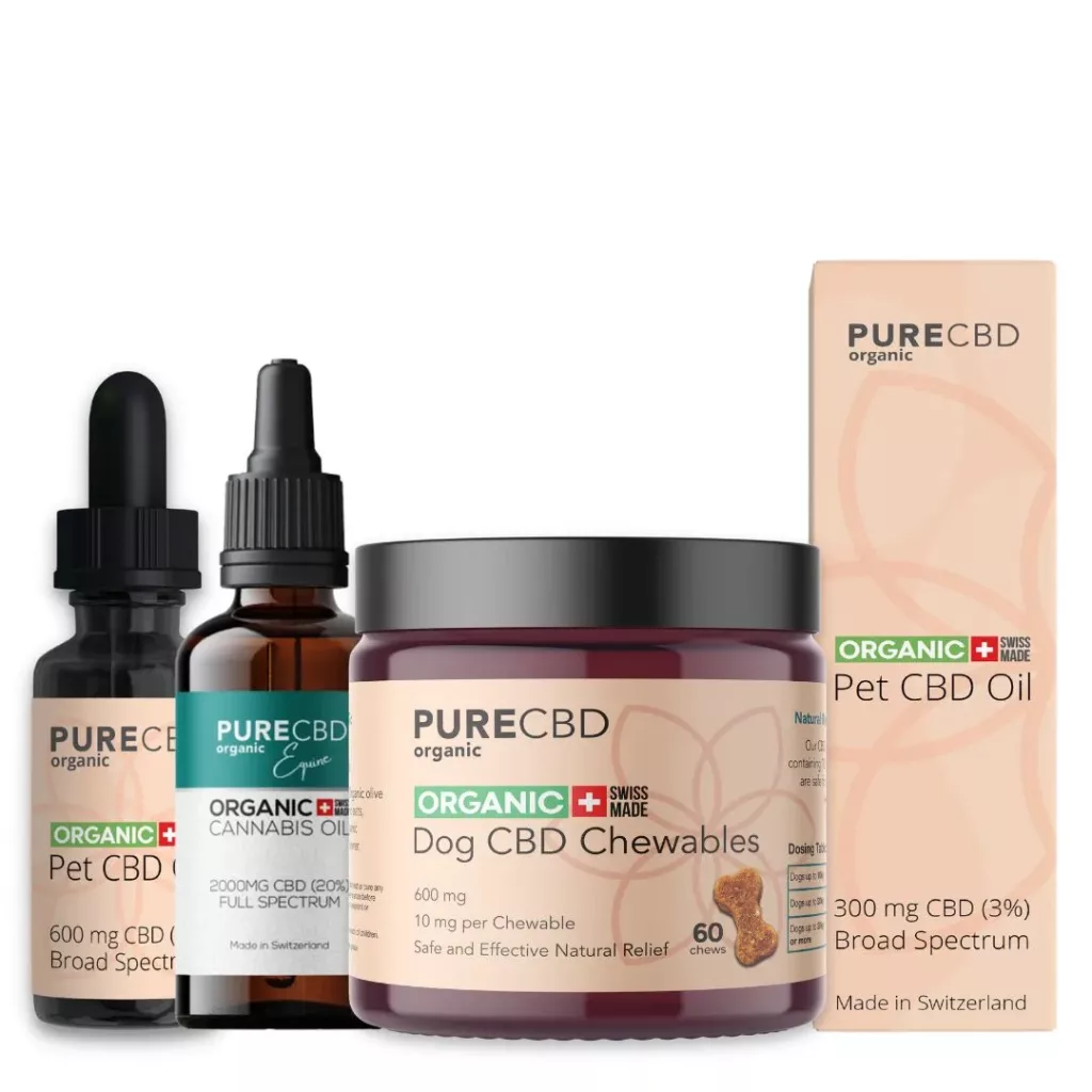 The range of pet products from Pure Organic CBD. This image shows from left to right: 600mg CBD oil for dogs, 2000mg CBD for Equine, CBD Dog Treats 600mg, 300mg CBD for Cats. All products are organic and have been effective in helping animals lead healthier lives.