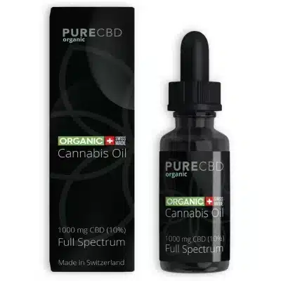 An image showing the packaging for 10% Full Spectrum CBD Öl durch Pure Organic CBD. Dieses Produkt ist vollständig biologisch und im Labor auf Reinheit getestet.