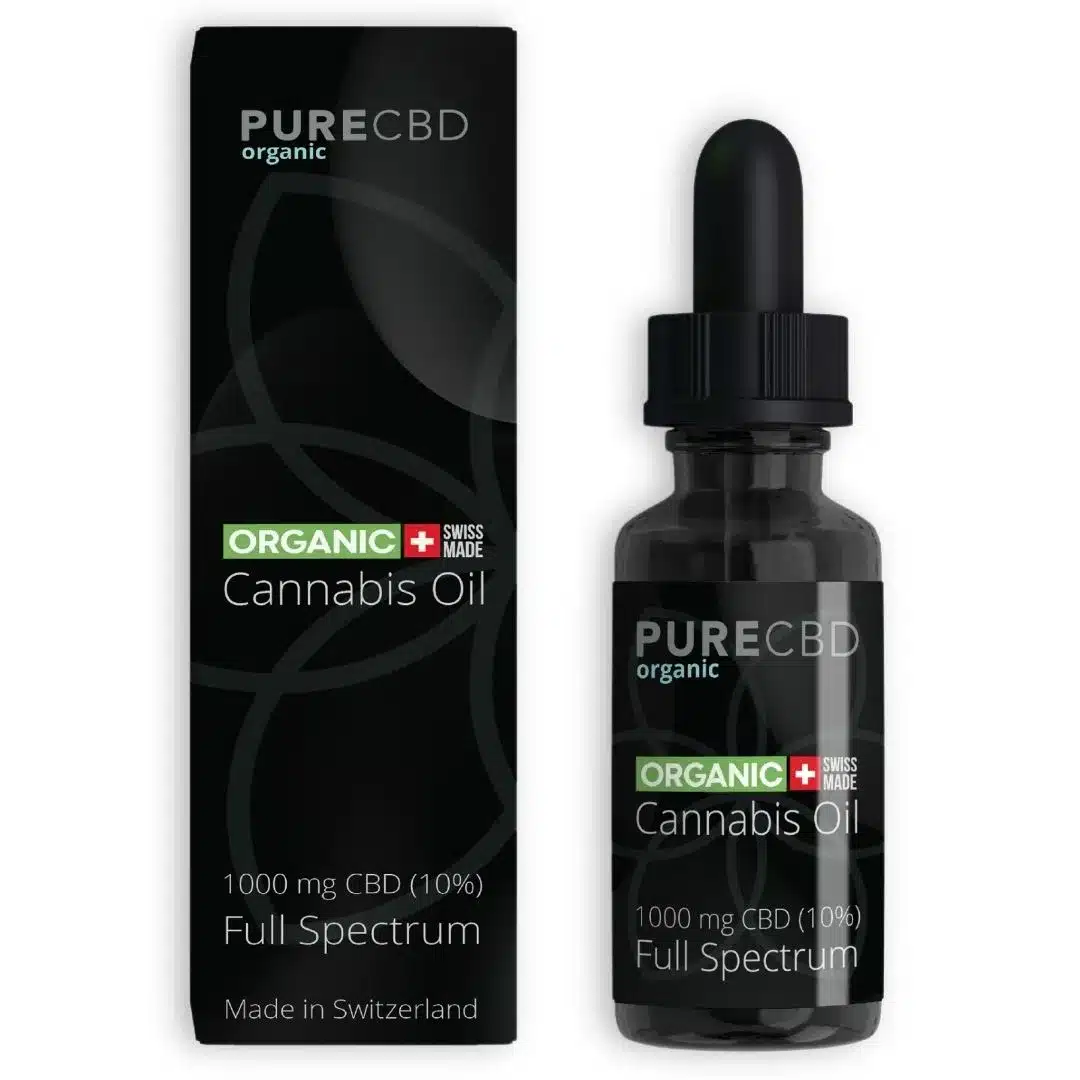An image showing the packaging for 10% Full Spectrum CBD olio di Pure Organic CBD. Questo prodotto è completamente biologico e testato in laboratorio per la purezza.