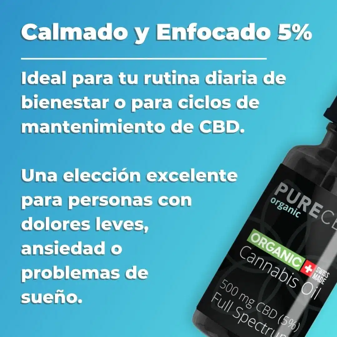 Pure Organic CBD, highlighting their Calm & Focused 5% CBD oil. It states 'Perfect for your daily wellness routine or, for maintenance cycles of CBD' and 'Excellent choice for people with minor pain, anxiety or sleep issues.' The image features a blue background with a bottle of Pure Organic CBD oil, labeled as full spectrum, organic, with 500 mg CBD (% 5).