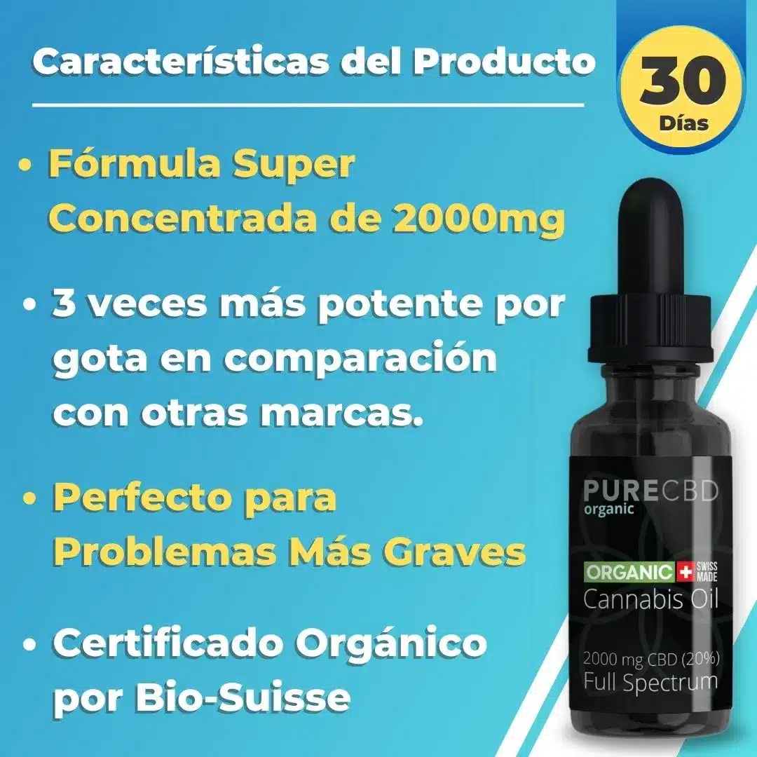 Promotional graphic for Pure Organic CBD with key product features: a super concentrated 2000mg formula, three times more potent per drop compared to other brands, ideal for more serious health issues, and certified organic by Bio-Suisse. The image displays a 30-day supply indicator and a dropper bottle labeled with 2000 mg CBD (20%) full spectrum, including a Swiss-made certification mark.