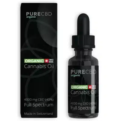 Product image of Pure Organic CBD's organic Cannabis Oil, featuring a black dropper bottle and packaging with green accents. The label states '4000 mg CBD (40%) Full Spectrum', 'Swiss Made', and 'Made in Switzerland', emphasizing the product's high CBD concentration and quality Swiss manufacturing.
