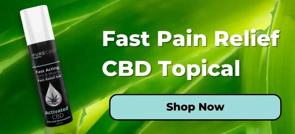 Une image montrant le CBD topical muscle gel by Pure Organic CBD. There is a button that says to 'shop now' which clicks through to the cbd topicals page.