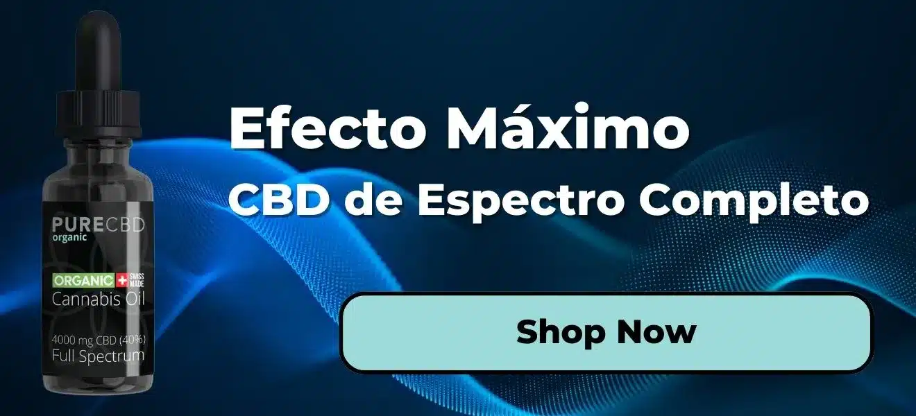 aceite de CBD orgánico CBD oil bottle by Pure Organic CBD with a label reading '4000 mg CBD (40%) Full Spectrum'. The background features vibrant geometric patterns in various colors with the text 'Max Effect Full Spectrum CBD' and a 'Shop Now' button.
